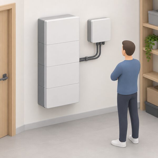 A single-phase AC-coupled home battery unit mounted on an interior wall of a house, shown as a neat modular cabinet with stacked modules, connected by cabling to a small wall-mounted control box beside it.