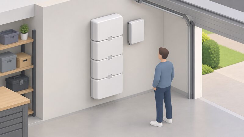 A stack of white modular battery units mounted on a garage wall, connected by plug-in joints without cabling, with a small wall-mounted Manager unit beside them and a simplified isometric figure standing nearby looking at the installation.