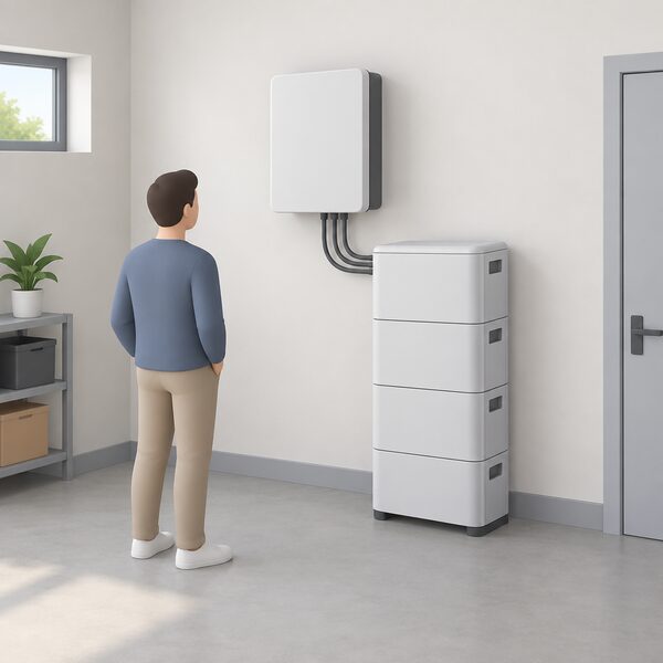 An indoor utility room wall with a rectangular wall-mounted Battery flex base AC-1 unit, its cabling running down to a tall stack of battery modules standing on the floor beside it.