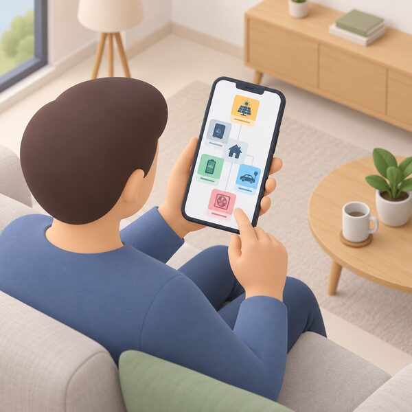 A householder holding a smartphone in a home setting, the screen showing the Solarwatt Home app as a single dashboard with plain colour blocks and simple icons representing solar panels, inverter, battery storage, EV charger and heat pump together.