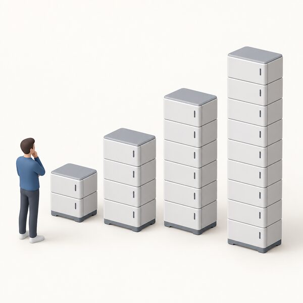 A simplified isometric view of several modular home battery stacks of different heights standing side by side, from a short two-module tower to a tall eight-module tower, each stack made of identical rectangular modules so the stepped expansion is clear.
