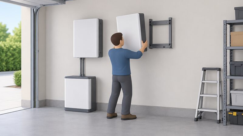 A single installer in plain clothing lifts a rectangular wall-mounted battery module onto an empty bracket on a garage wall, with one module already fixed beside the vacant slot, showing one-person handling of the 25 kg unit.