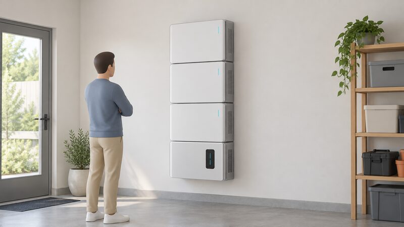 A wall-mounted stack in a plain home utility space: a rectangular base battery inverter unit at the bottom with three identical slim battery modules stacked directly above it, each plugging into the one below with no visible cabling between them.