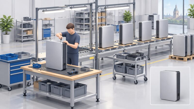 A clean modern factory assembly hall in Dresden where a simplified worker in plain clothing at a workbench fits an aluminium-cased wall-mounted battery storage unit together, with several similar finished battery cabinets lined up nearby on the production line.