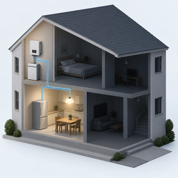 A cutaway home wall showing a battery-connected inverter whose EPS output circuit feeds a fridge and a lamp, with the rest of the house dark during a power cut.