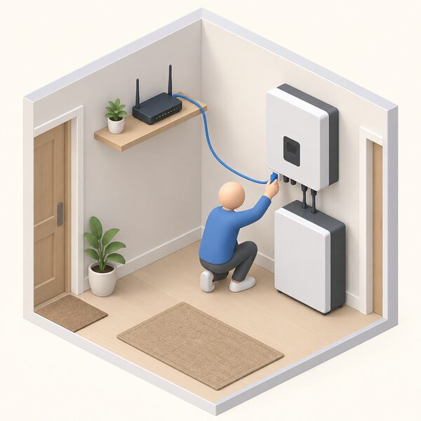 A simplified isometric view of a home hallway or utility corner where a broadband router on a shelf connects by a data cable to a wall-mounted hybrid inverter with a battery unit below it, a small figure crouching to plug the cable in, showing the household internet link that enables cloud monitoring.
