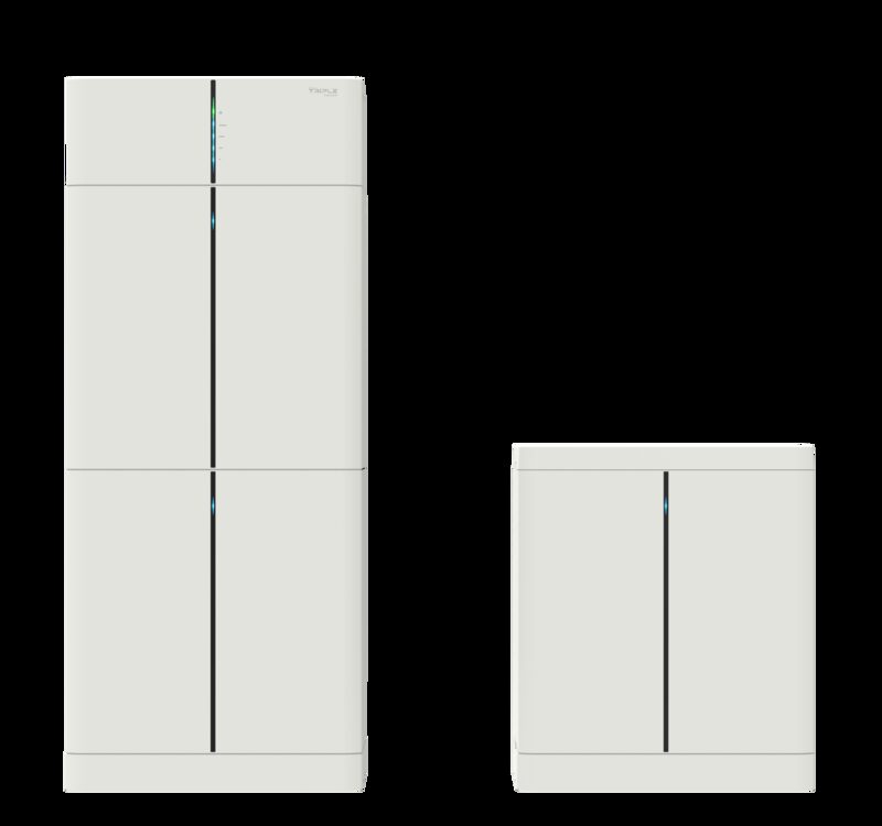Two white SolaX Triple Power solar battery modules, one stacked tower and one single unit, on a plain background