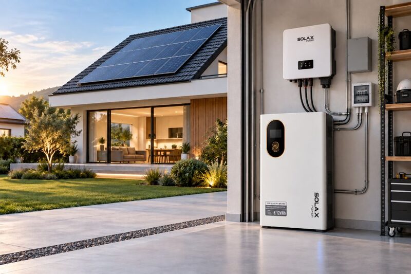 A SolaX home battery and inverter installed in a garage, with a modern house with rooftop solar panels visible outside