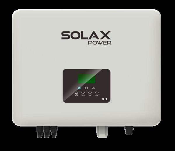 A SolaX Power X3 three-phase solar string inverter, a white wall-mounted unit with display panel and connection ports