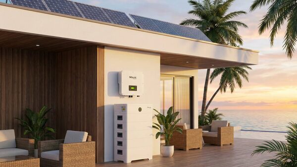 A SolaX home battery and inverter mounted on the wall of a modern beachside house with rooftop solar panels at sunset