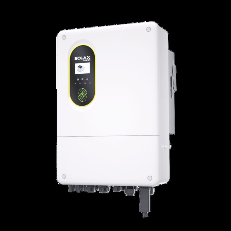 A SolaX three-phase low-voltage hybrid solar inverter, a white wall-mounted unit with display panel and connection glands