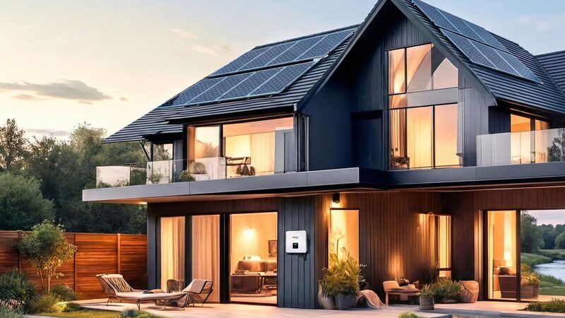 A modern two-storey house with solar panels on the roof and a SolaX inverter mounted on the exterior wall
