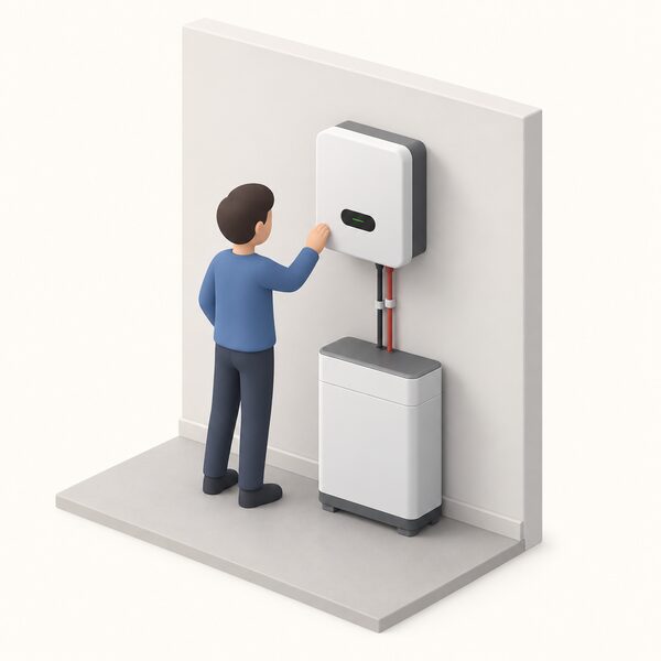 A compact wall-mounted single-phase hybrid storage inverter fixed to a plain indoor wall, with a simplified isometric figure inspecting it and cabling running down to a battery unit on the floor below.