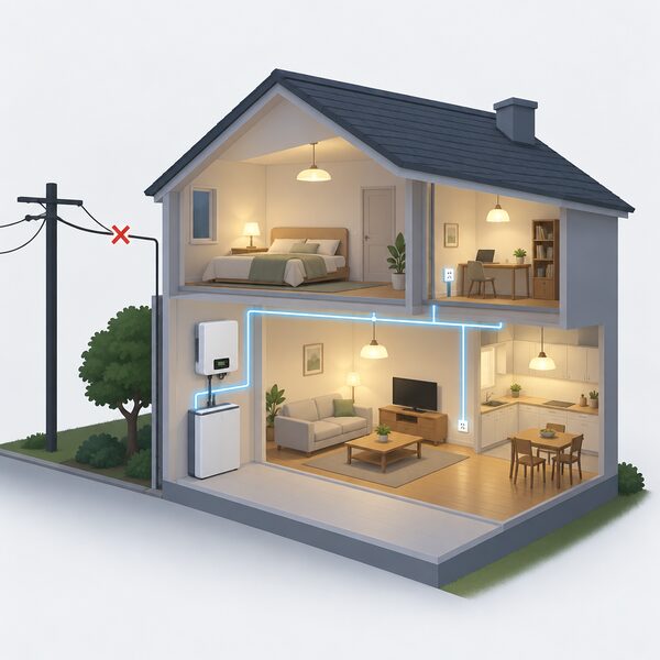 A cutaway indoor view of a home with a wall-mounted storage inverter and battery unit supplying power to household lights and sockets while the street power is out, shown by a dark supply line outside.