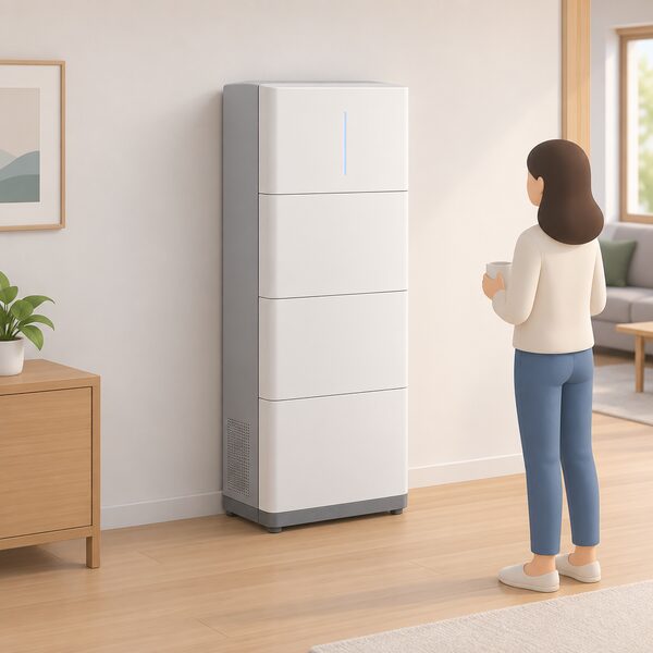 A single tall all-in-one home battery unit with an integrated stacked design of plain modules standing indoors on the floor beside a plain interior wall of a domestic room, drawn as one enclosed cabinet with no separate wall-mounted inverter or cabling to other equipment.