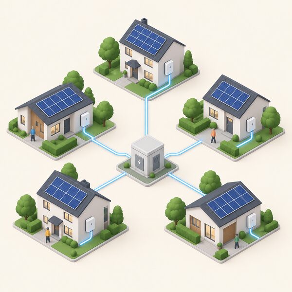 A simplified street scene of several houses, each with rooftop solar panels and a wall-mounted battery, linked by lines to a shared grid connection point to show them working together as one aggregated network.