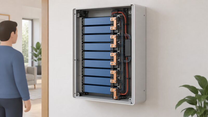 A cutaway view of a wall-mounted home battery cabinet showing a neat vertical stack of flat prismatic LFP cells connected by busbars, with no cobalt-bearing components implied, drawn as a clean technical illustration.