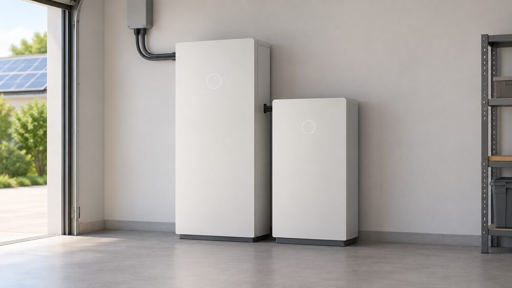 A close-up of a tall sonnenBatterie 10 home battery unit standing against a wall in a garage or utility space, with a small cascade second battery module beside it and a cable from the roof's solar system entering the frame.