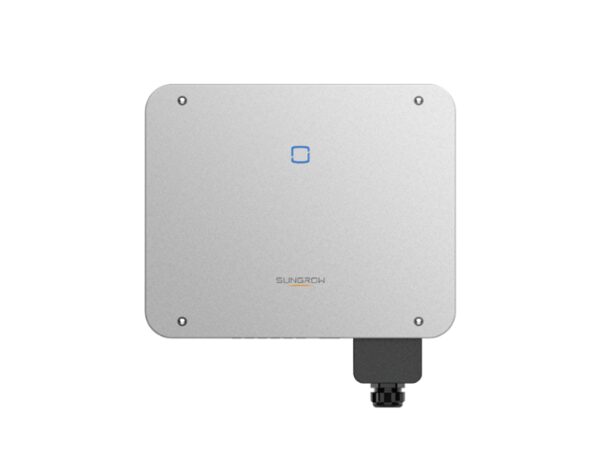 A Sungrow solar inverter, a silver wall-mounted unit with a black connector, on a white background