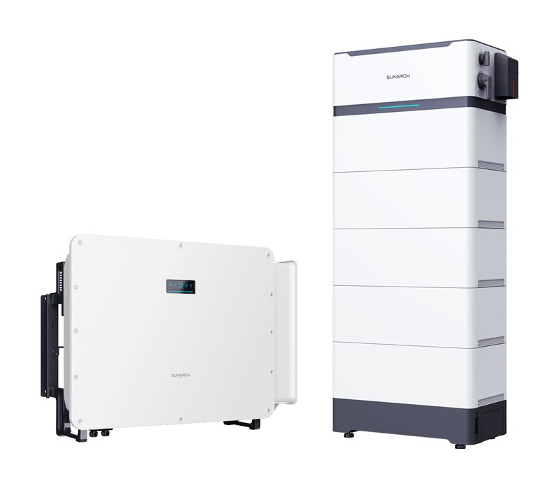 A Sungrow wall-mounted solar inverter and a stacked home battery unit shown side by side on a white background