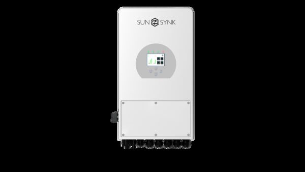 A white Sunsynk hybrid solar inverter unit with display screen and connection ports, shown against a plain background