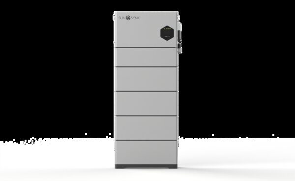 A Sunsynk stacked modular home battery unit in grey on a white background