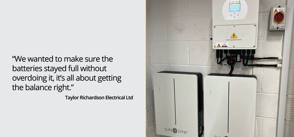 A Sunsynk hybrid inverter and two Sunsynk wall-mounted batteries installed on a white brick wall, with a quote from Taylor Richardson Electrical Ltd on the left