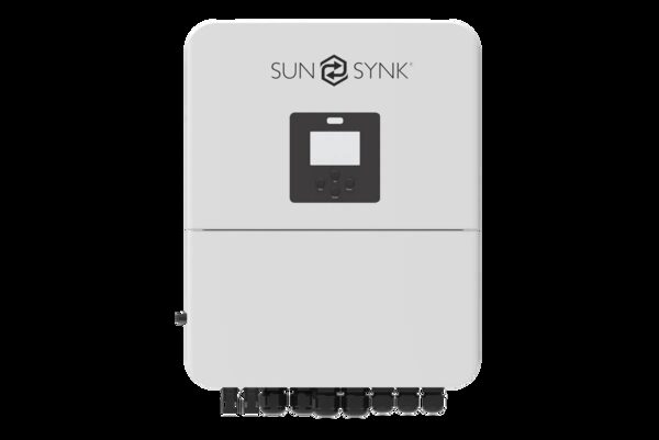 A white Sunsynk hybrid inverter unit with display screen and connection ports, shown on a plain background