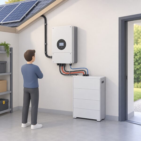 A wall-mounted hybrid inverter in a home utility space connected by thick DC cables to a low-voltage LiFePO4 battery cabinet beside it, with a thin communications cable between the two and a solar supply feeding the inverter.