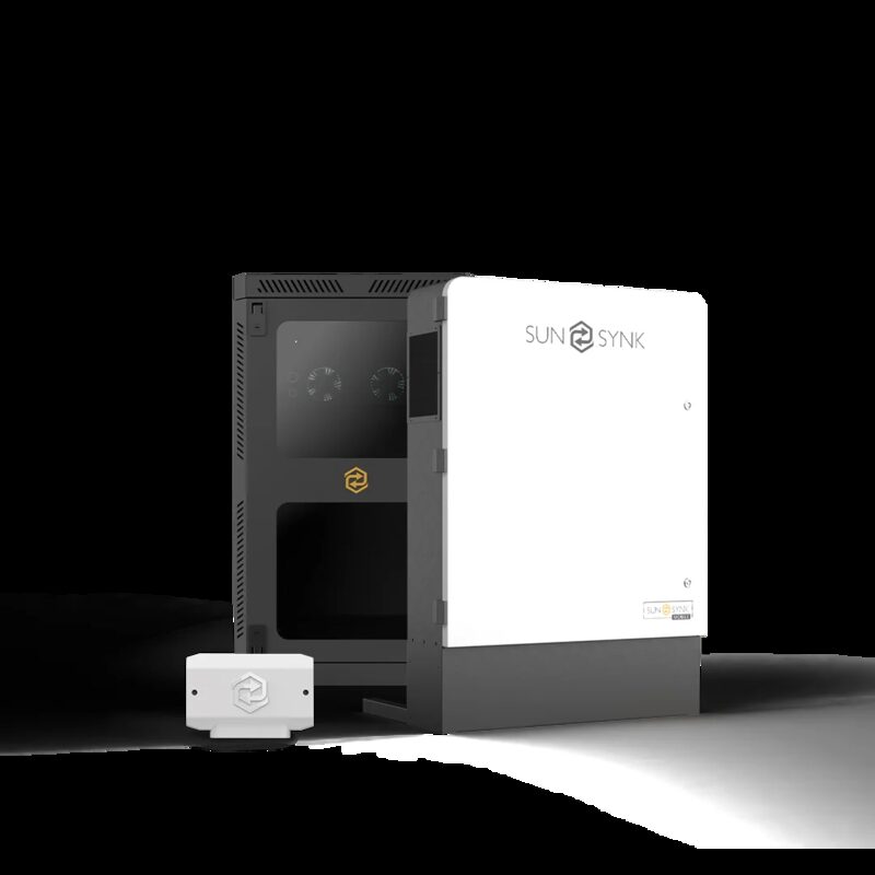 A Sunsynk hybrid solar inverter unit with a battery cabinet and a small white accessory box on a plain white background