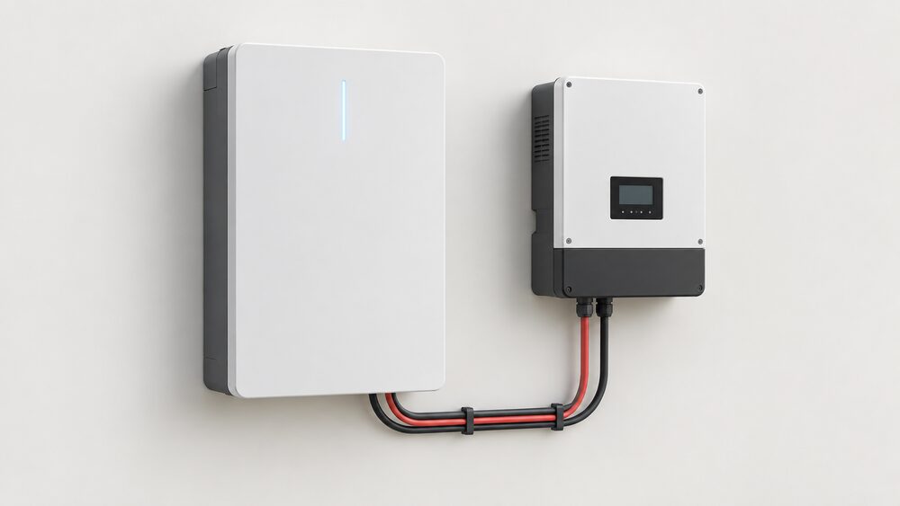 A close-up of a MonaWall SE5 low-voltage battery module mounted on a plain wall, with a separate compatible hybrid inverter unit mounted beside it and the connecting cabling between the two, and nothing else in the frame.
