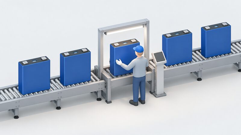 A production line with a row of large-format prismatic battery cells, one cell held at an inspection station where a technician in plain workwear examines it, sized to suggest containerised grid-scale use rather than small household modules.