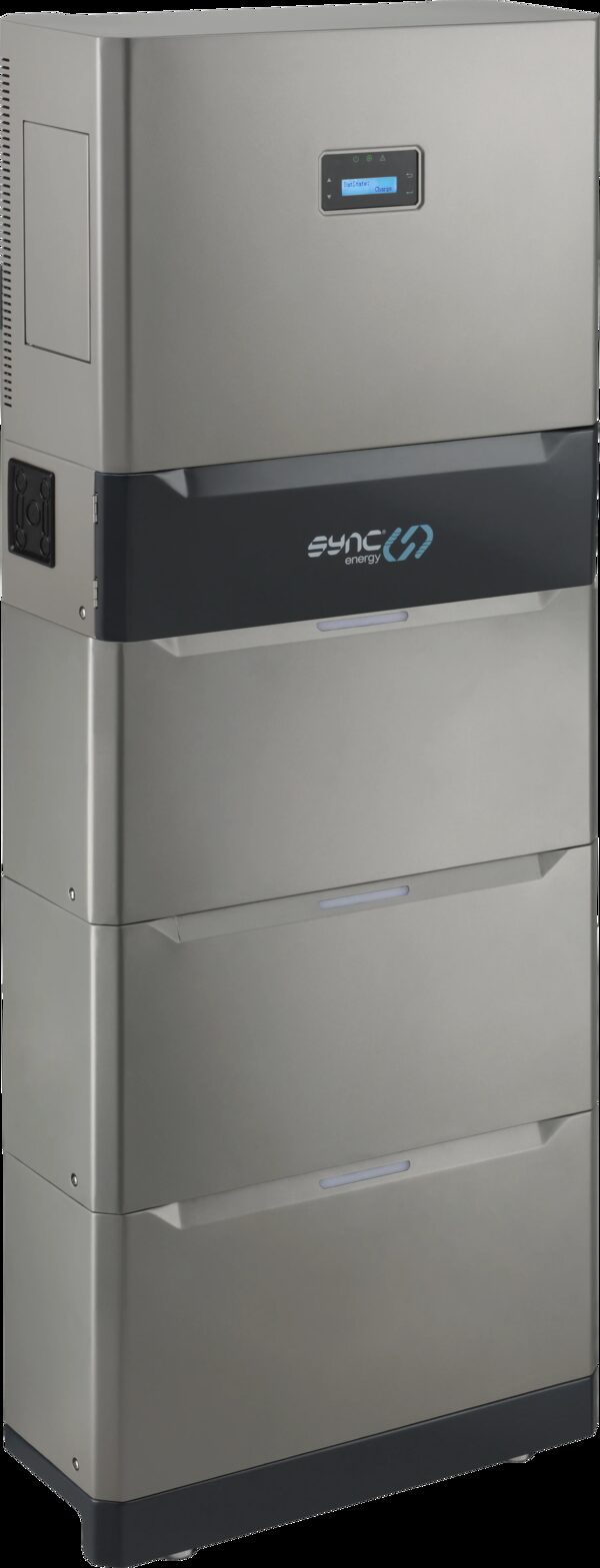 A tall grey Sync Energy all-in-one home battery storage unit with stacked modules and a small display