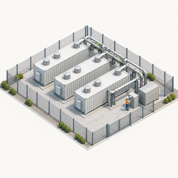A wide view of a megawatt-scale thermal energy storage pilot site, showing large industrial storage containers and pipework on a fenced plot with a small isometric engineer figure inspecting equipment, clearly distinct from domestic home battery kits.