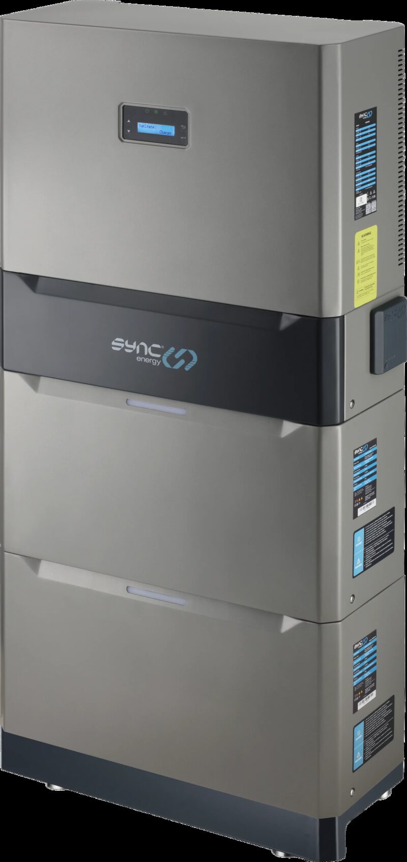 A Sync Energy Flow all-in-one 6.0kW hybrid inverter with two stacked battery modules, shown as a product photo