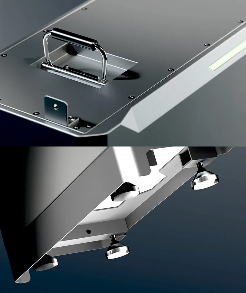 Close-up renders of the metal handle and mounting feet of a Sync Energy home battery unit