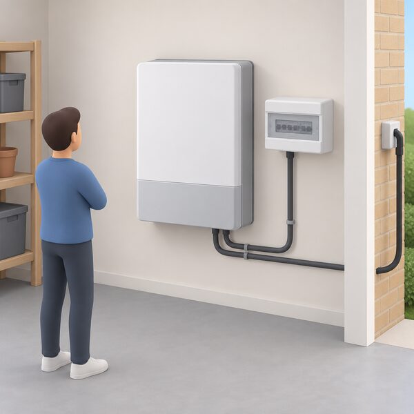 A single flat rectangular battery unit mounted on an indoor wall, drawn as one integrated box with a plain inverter section built into its lower part, with a cable running to a consumer unit and another to the outside wall, and no separate inverter box anywhere on the wall.