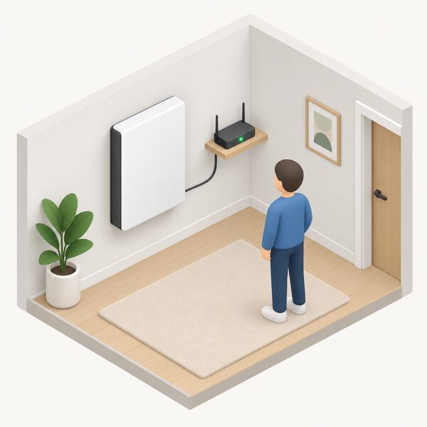A simplified isometric indoor scene shows a wall-mounted Powerwall battery with a cable running to a broadband router on a nearby shelf, a small router light indicating an active internet link, and a simplified figure standing beside them looking at the connection.