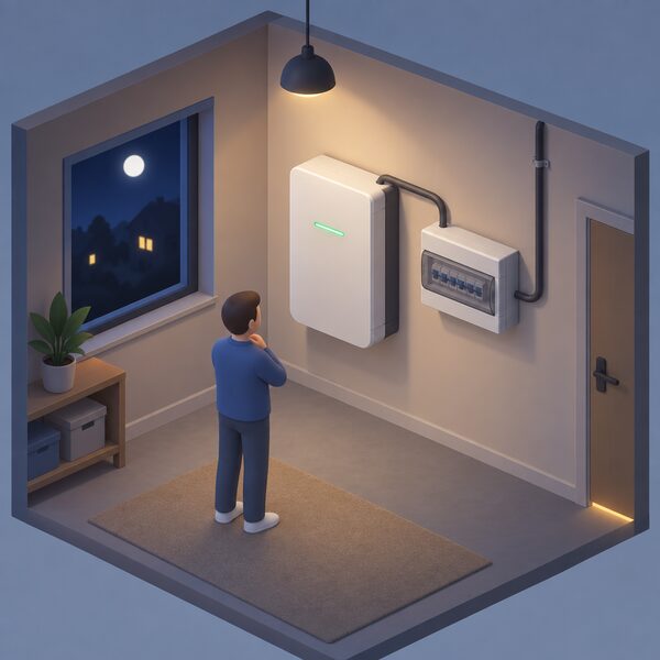 A wall-mounted home battery unit indoors beside a consumer unit, connected by cable, charging from the grid at night with a small isometric figure nearby checking it.