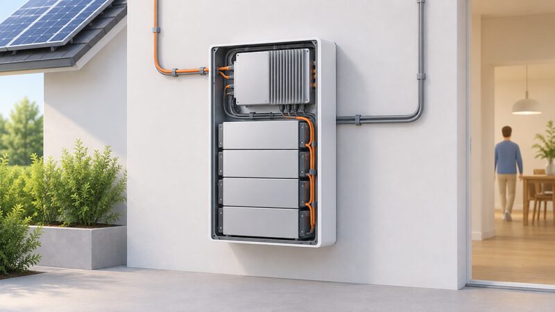 A cutaway diagram of a wall-mounted Powerwall 3 battery unit revealing stacked battery modules inside and an integrated solar inverter section at the top, with simplified cable connections to solar input and the home supply.