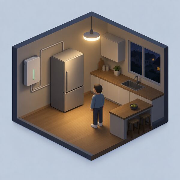 A dim evening kitchen scene during a power cut where a wall-mounted home battery unit supplies a refrigerator with its door closed and a ceiling light, both still running, while a small isometric figure stands nearby.