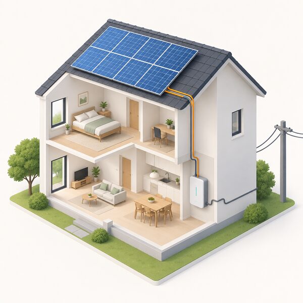 A cutaway isometric view of a house with solar panels on its roof, cables running down to a battery unit on an inside wall storing the excess solar energy, with a grid connection cable still entering the home.