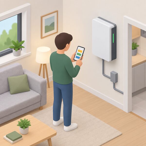 A householder standing in a room of their home holding a smartphone whose screen shows a simple app display with plain colour bands representing energy generated, stored and used, while the wall-mounted battery unit is visible nearby connected to the home's electrics.