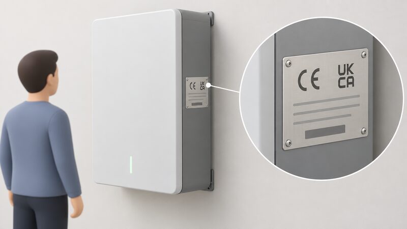 A close-up view of a wall-mounted home battery enclosure with a certification plate fixed to its side, showing blank CE and UKCA conformity marks as plain shapes with blank lines for any remaining text, with no readable words or numbers.