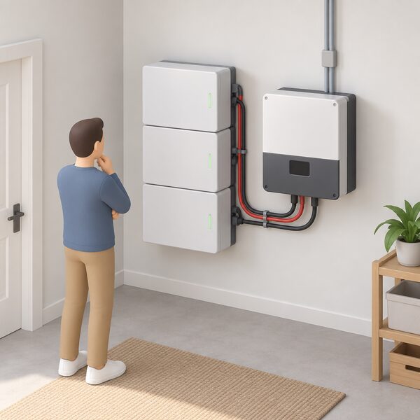 A wall-mounted stack of home battery modules indoors beside a hybrid inverter, with cabling between them and a conduit rising to the solar supply, shown as a tidy utility corner of a house with a simplified figure inspecting the installation.