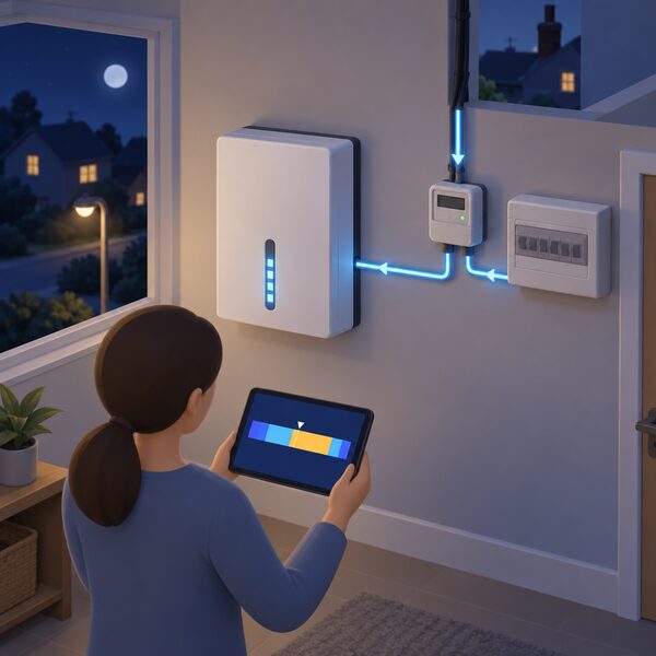 A wall-mounted home battery inside a house at night, connected to the incoming electricity meter and consumer unit, with a tablet beside it showing a 24-hour plan as plain colour bands marking peak and off-peak hours while the battery charges from the grid.
