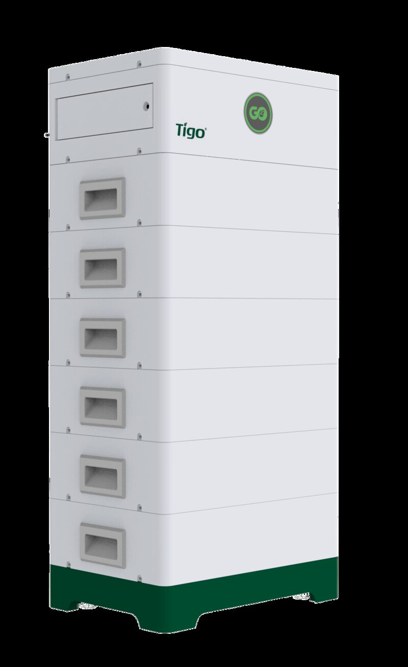 A white Tigo GO modular home battery stack with six modules and a green base, shown on a plain background
