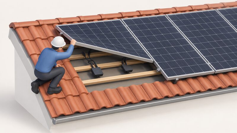 A close-up view of a tiled roof with several solar panels lifted at one corner to reveal a row of small TS4 optimiser units mounted behind the panels on the roof battens, each connected by short cables to the panel above it.