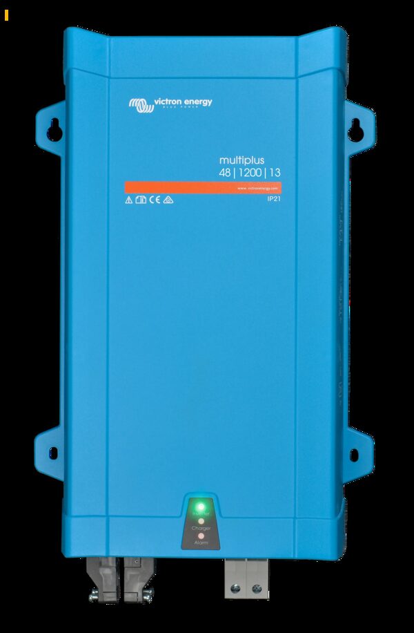 A blue Victron Energy MultiPlus 48V 1200VA inverter/charger unit shown front-on against a white background