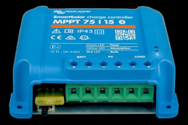 A blue Victron Energy SmartSolar MPPT 75/15 solar charge controller shown from the front with its wiring terminals exposed